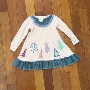 Lemon Loves Lime Light Pink Dress with Teal Ruffle and Tree Appliqués